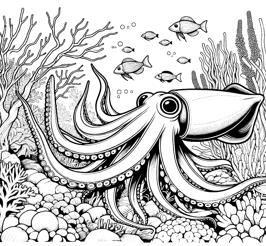 Free printable giant squid coloring page 2 for kids