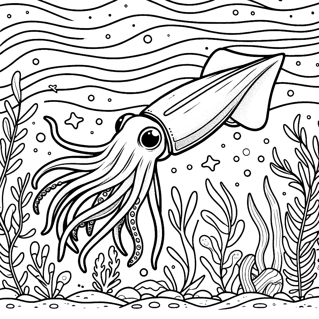 Free printable giant squid coloring page 7 for kids and adults