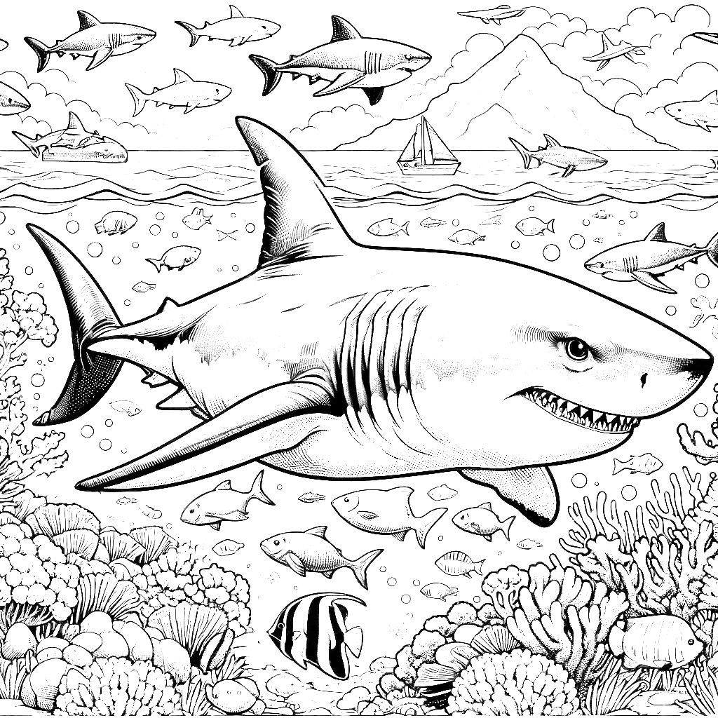 Free printable great white shark coloring page 4 black and white outline