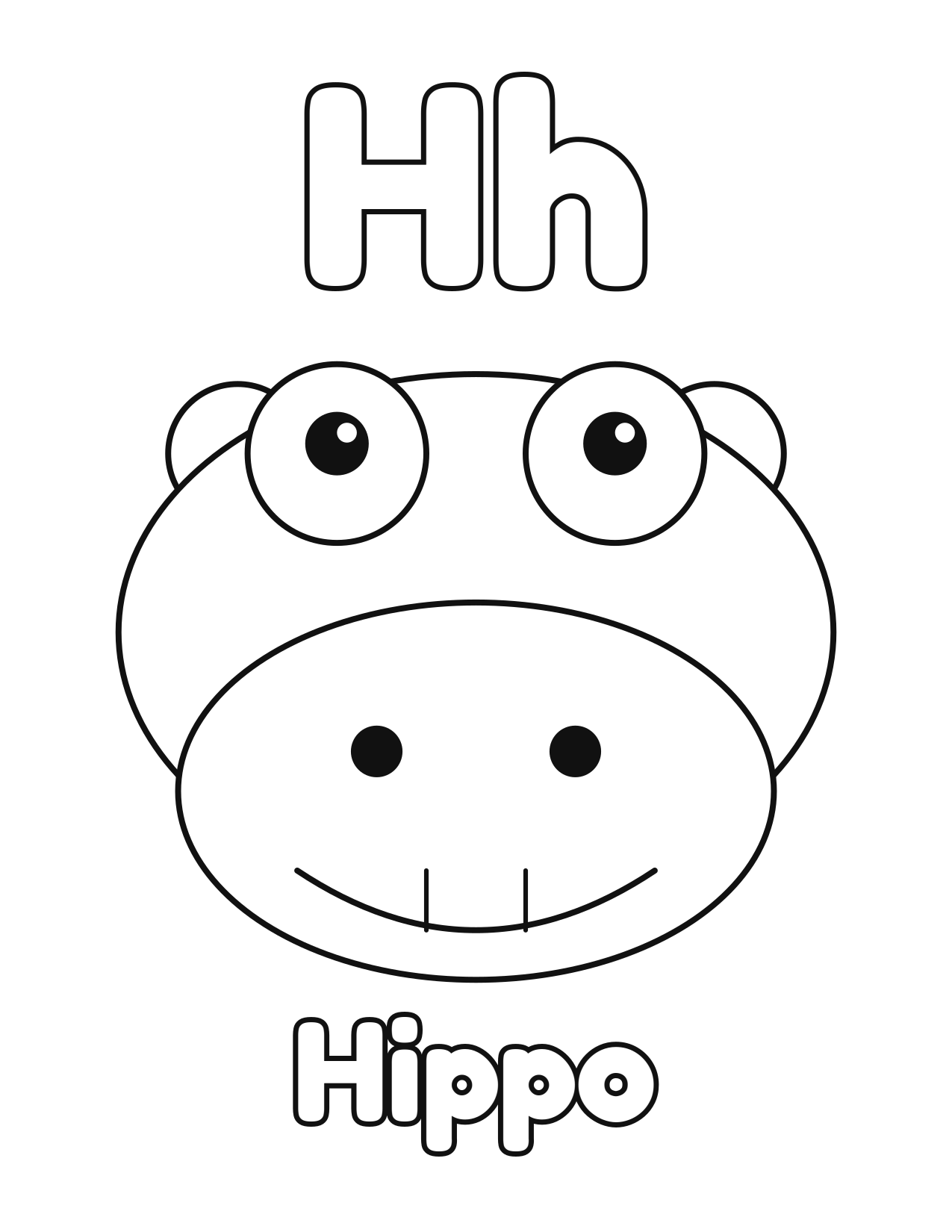 H is for Hippo animal alphabet coloring page with a cute hippo to color