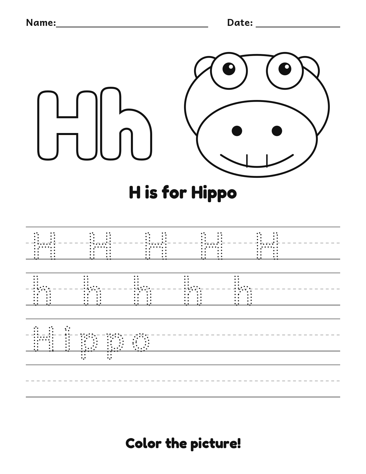H is for Hippo animal alphabet tracing worksheet with a hippo picture and writing lines