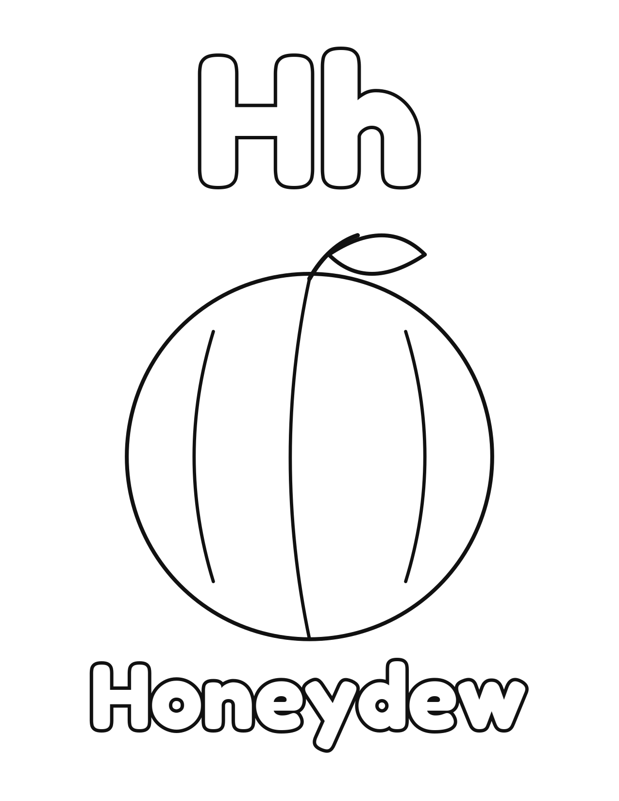 H is for Honeydew fruit and vegetable alphabet coloring page with honeydew to color