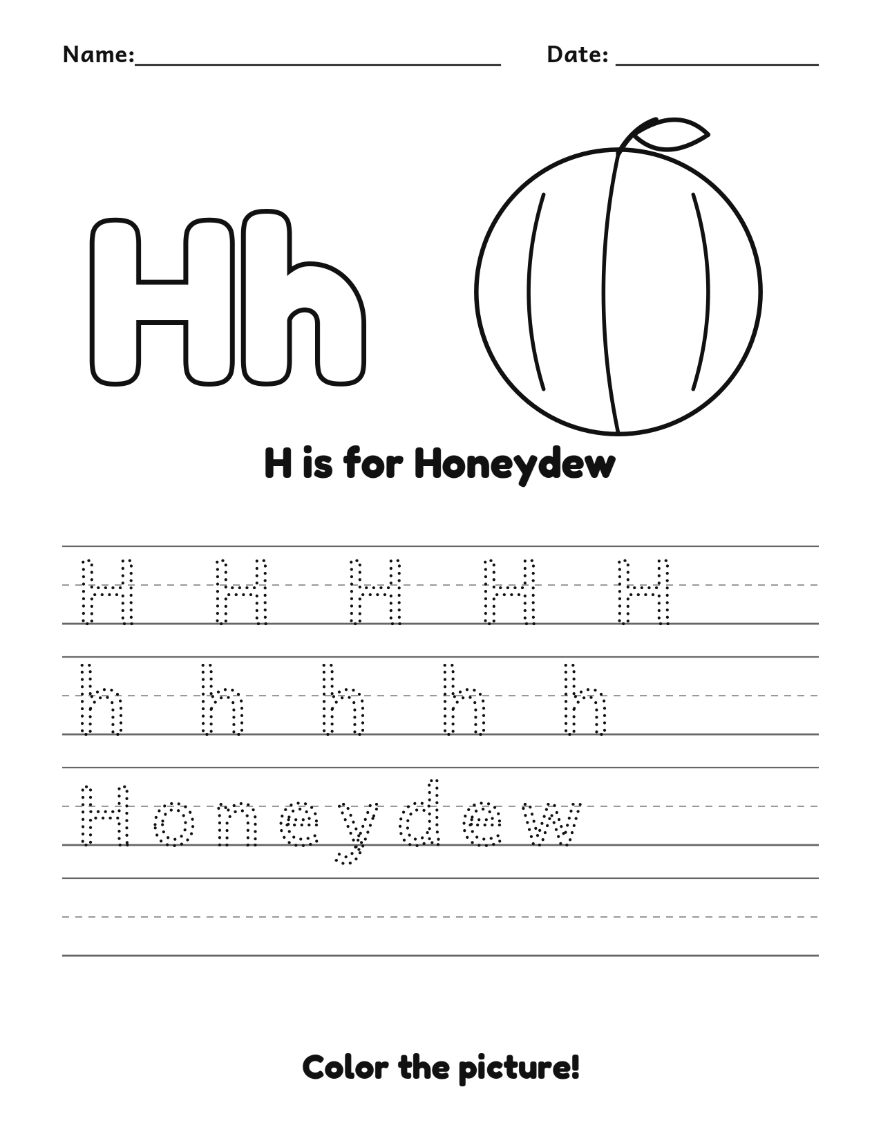 H is for Honeydew fruit and vegetable tracing worksheet with a honeydew picture and writing lines