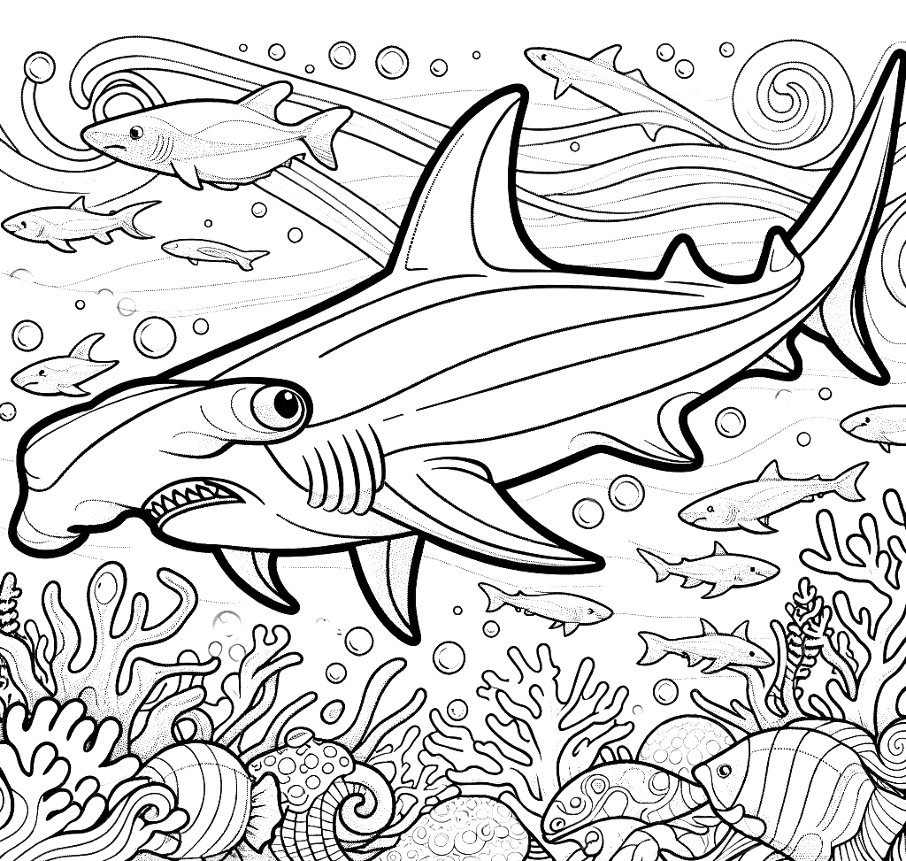 Free printable hammerhead shark coloring page 6 detailed line art