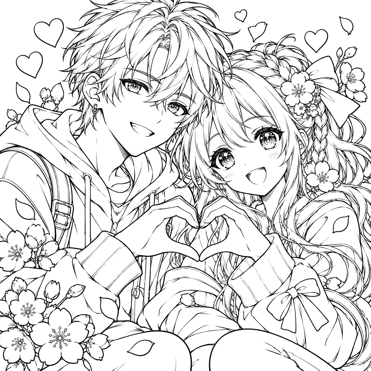 Heartfelt Anime Couple with Blossoms: anime coloring page with detailed line art to print and color