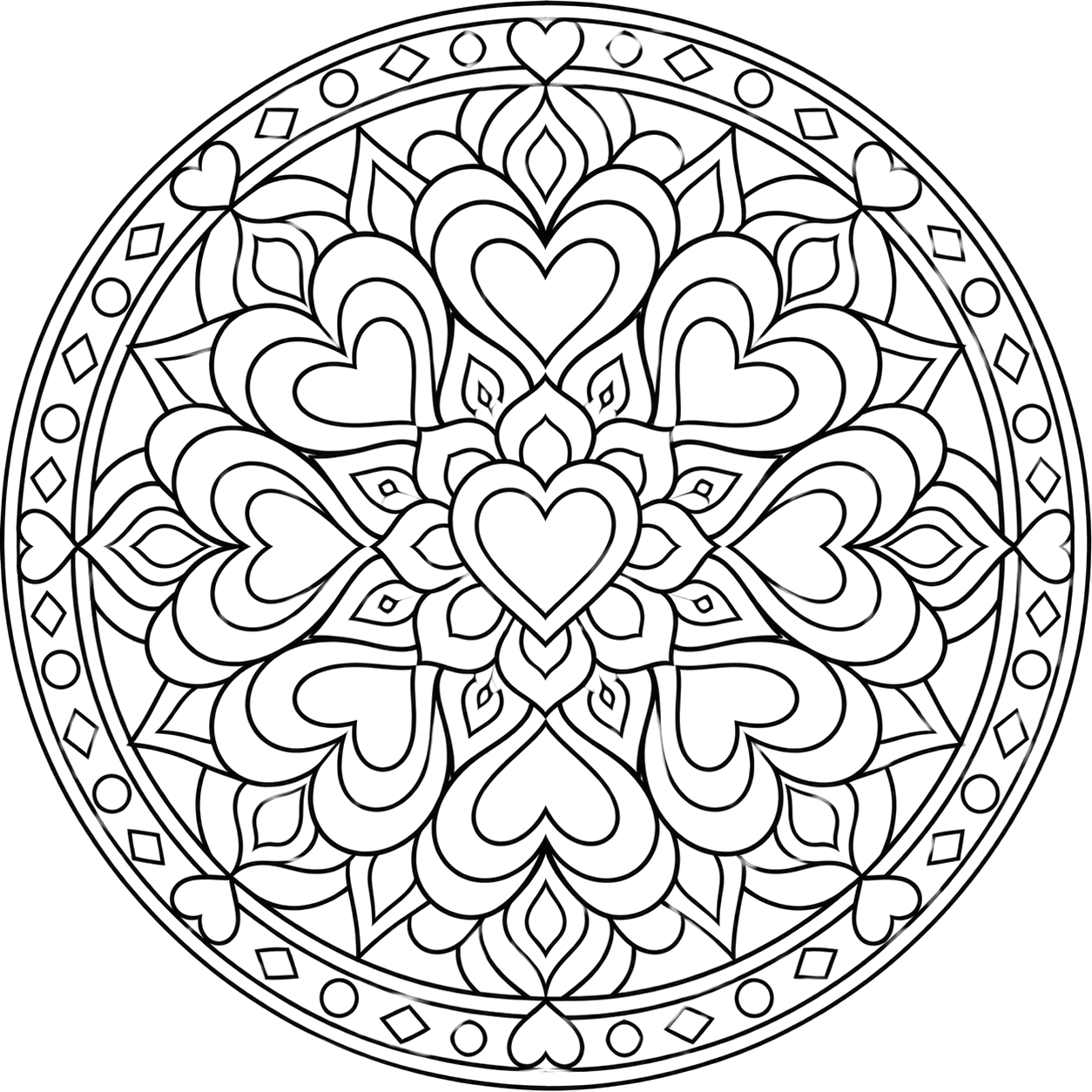 Heartflower Mandala coloring page with intricate patterns to print and color
