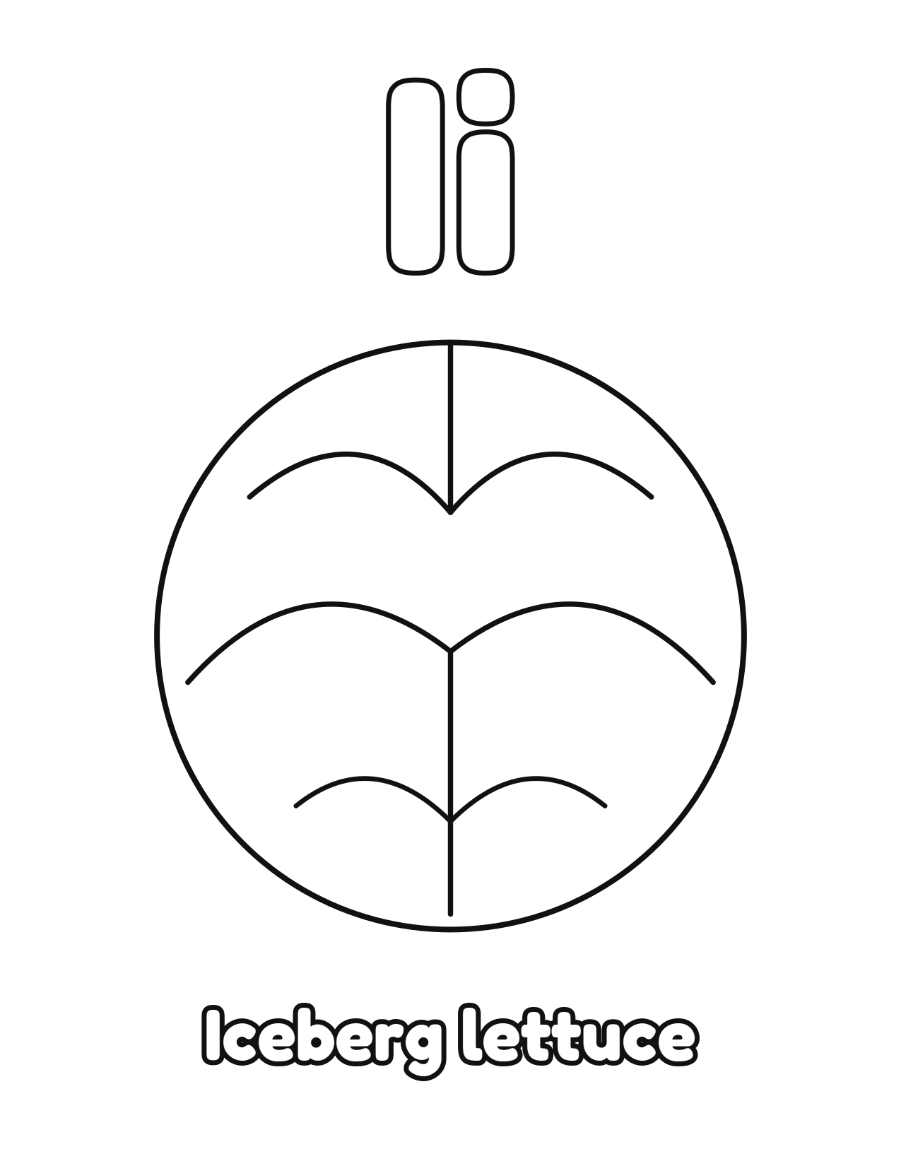 I is for Iceberg lettuce fruit and vegetable alphabet coloring page with iceberg lettuce to color