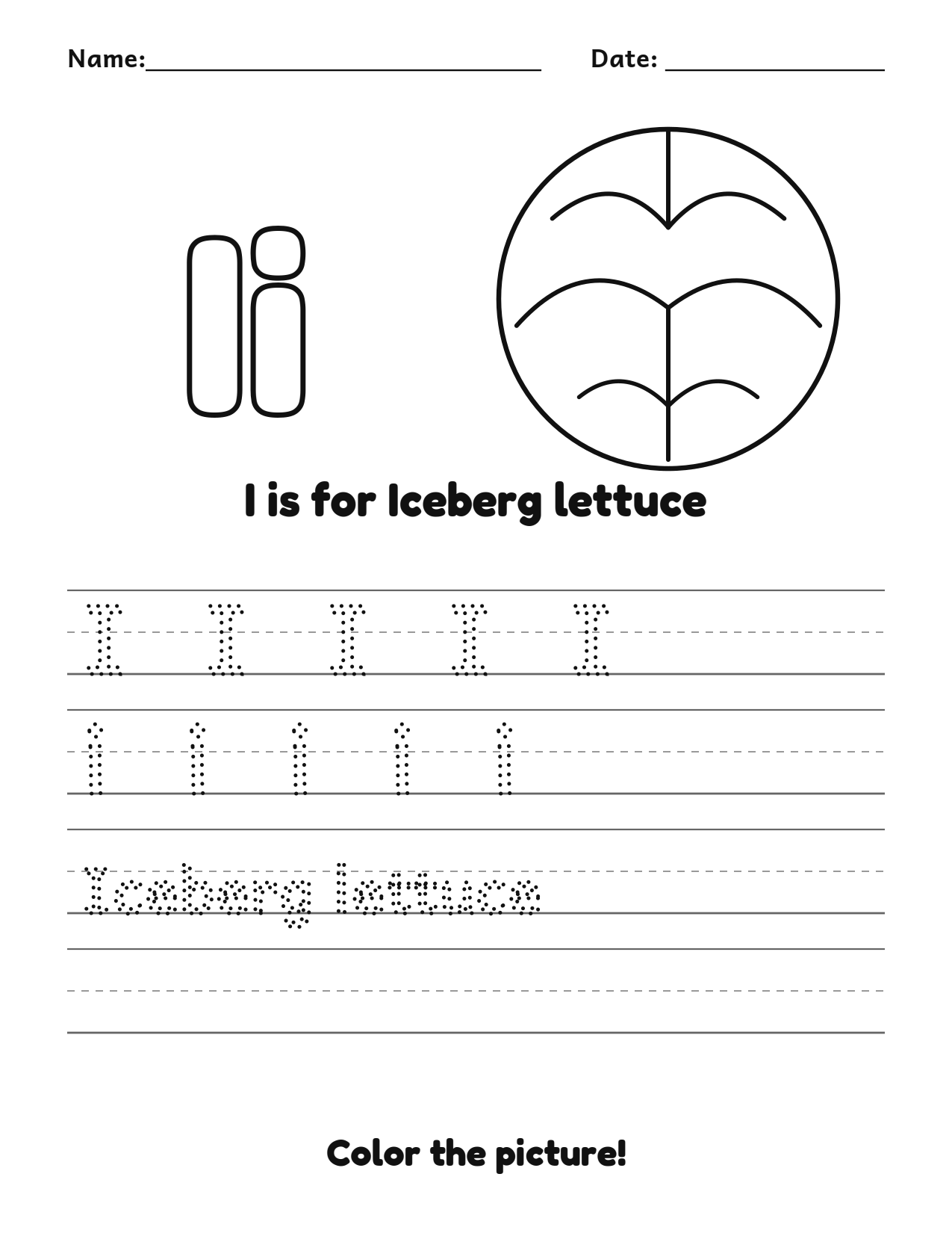 I is for Iceberg lettuce fruit and vegetable tracing worksheet with a iceberg lettuce picture and writing lines