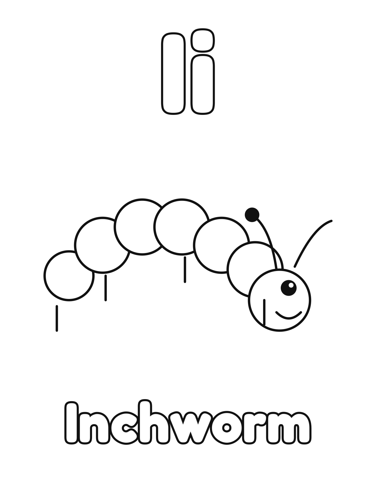 I is for Inchworm animal alphabet coloring page with a cute inchworm to color