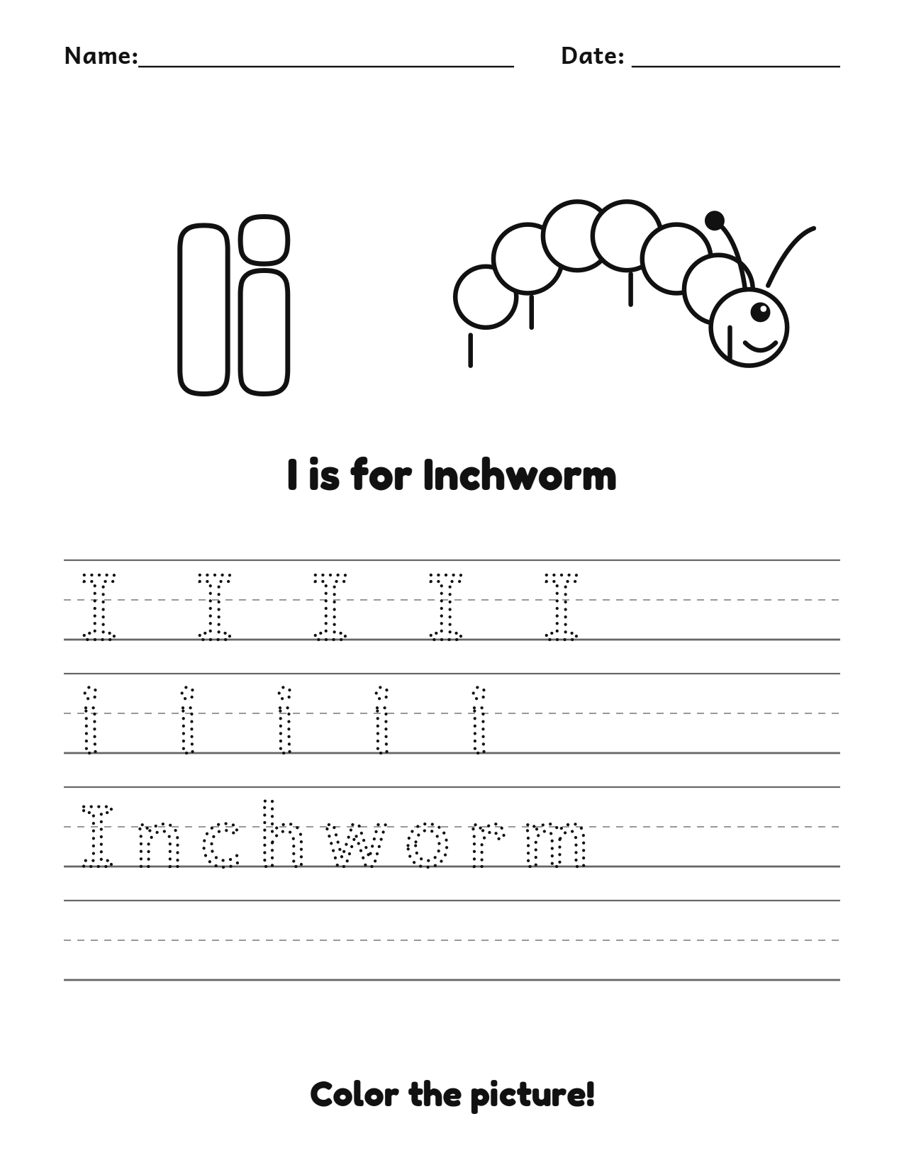 I is for Inchworm animal alphabet tracing worksheet with a inchworm picture and writing lines