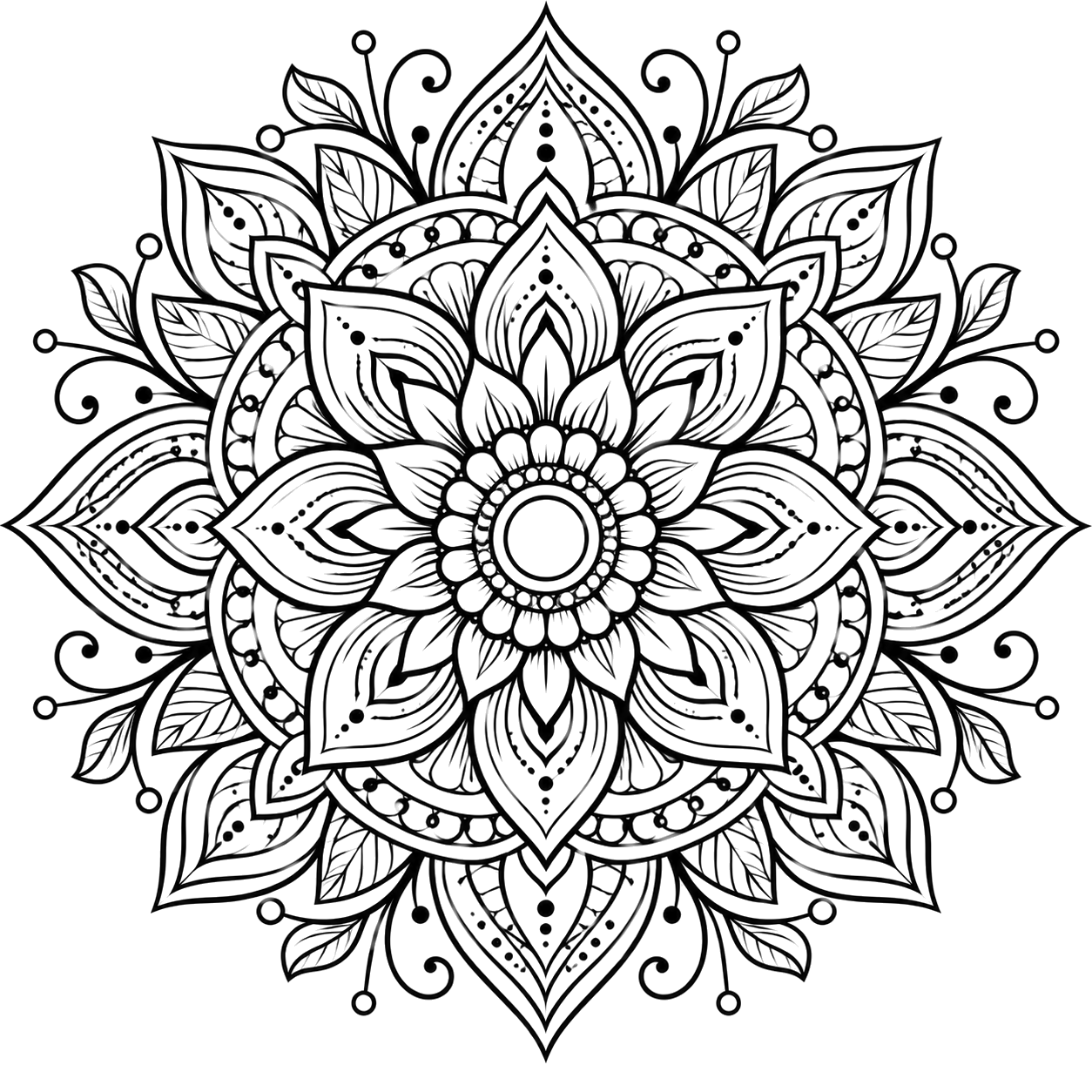 Intricate Black-and-White Floral Mandala coloring page with intricate patterns to print and color