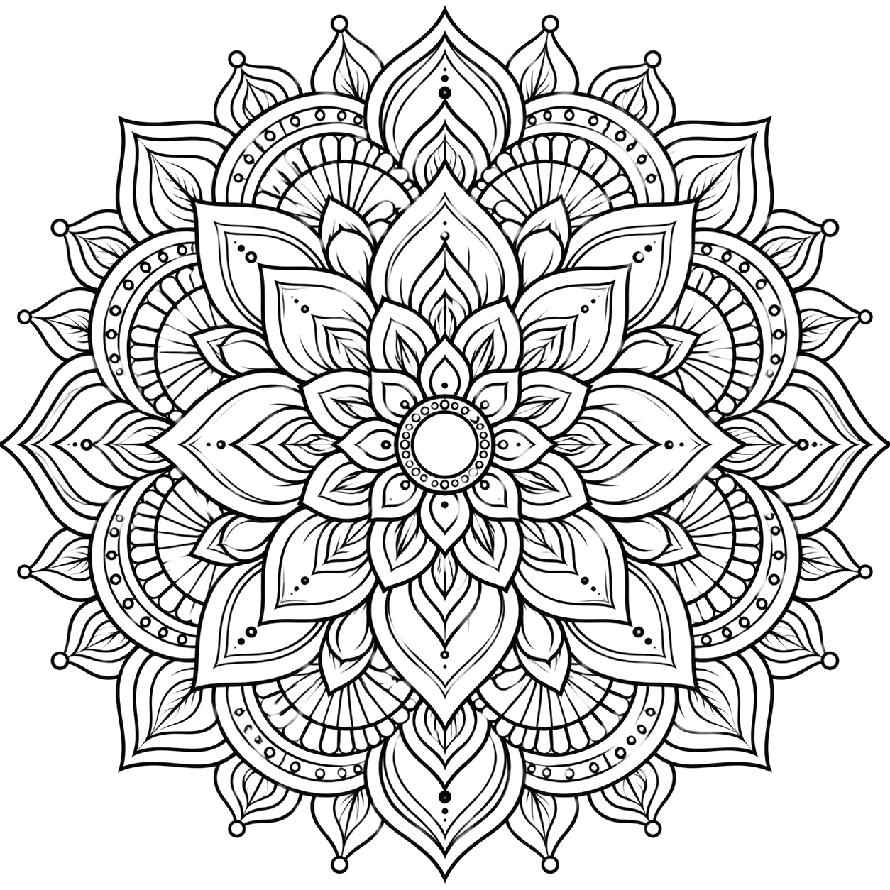 Intricate Black-and-White Floral Mandala coloring page with intricate patterns to print and color