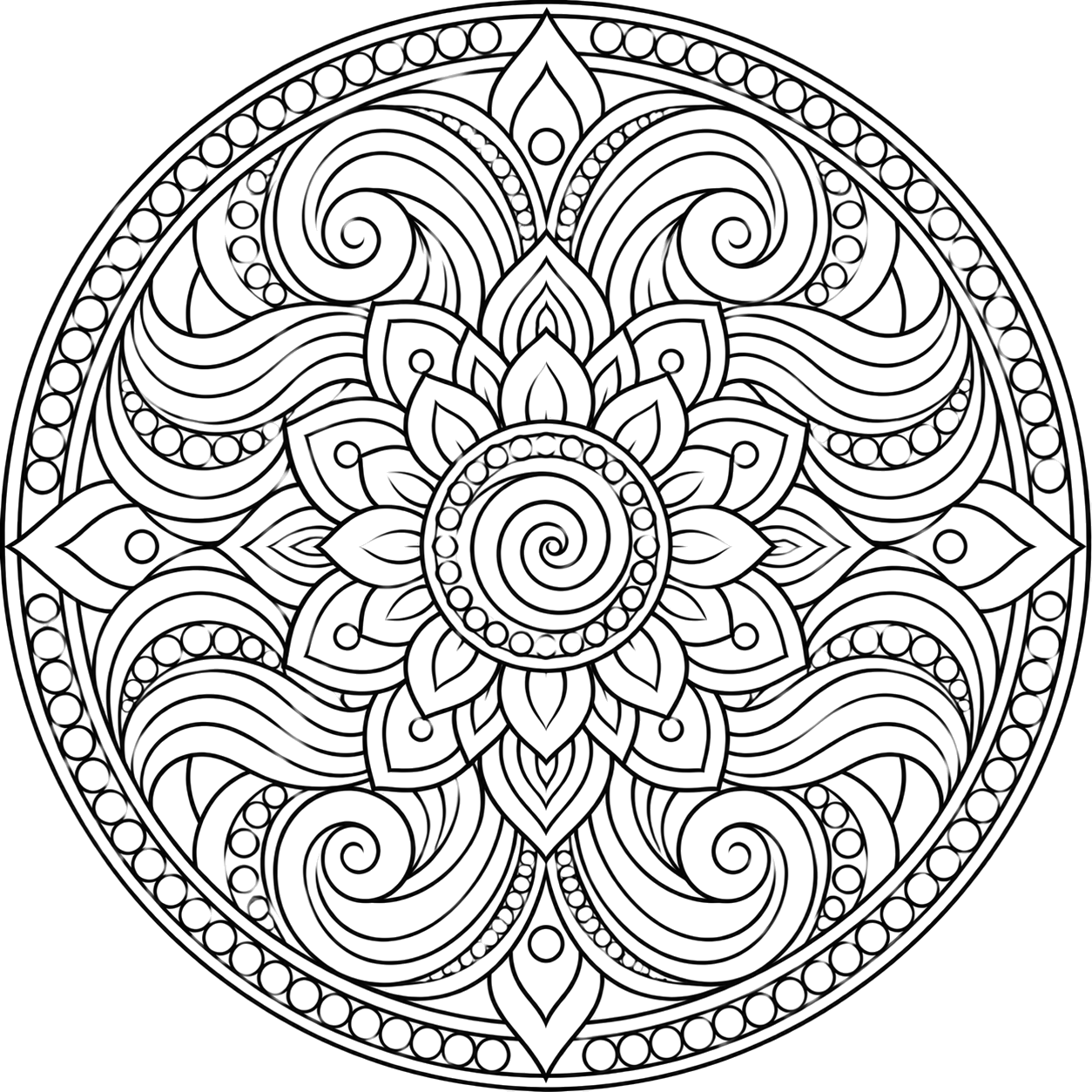 Intricate Black and White Mandala coloring page with intricate patterns to print and color