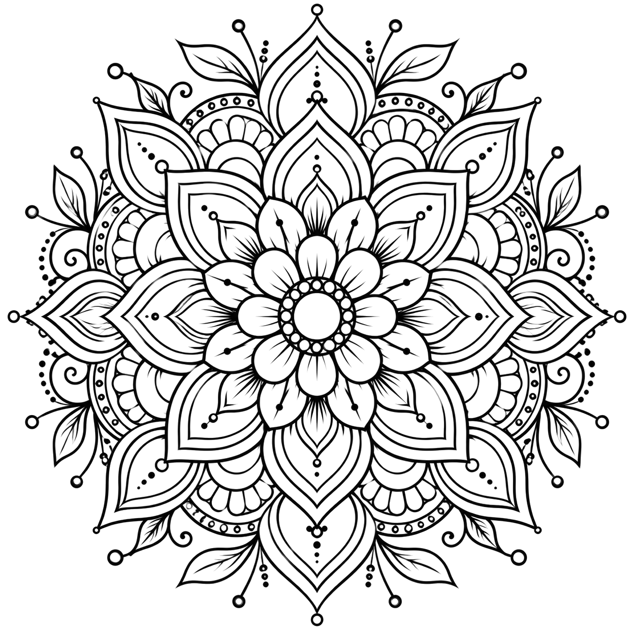 Intricate Monochrome Floral Mandala coloring page with intricate patterns to print and color