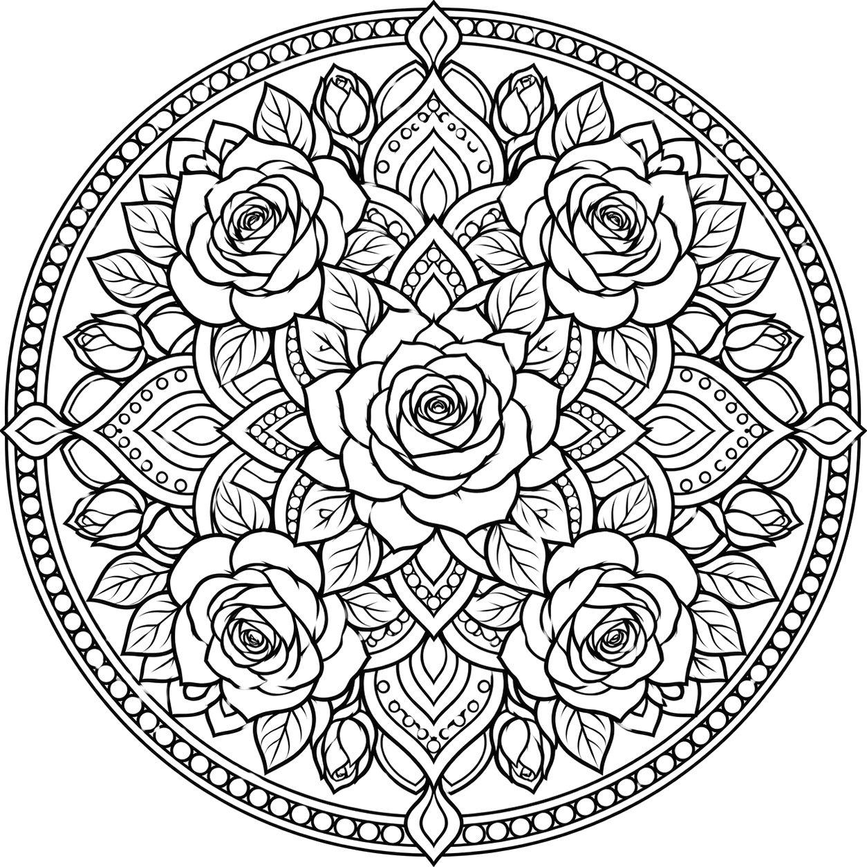 Intricate Rose Garden Mandala coloring page with intricate patterns to print and color