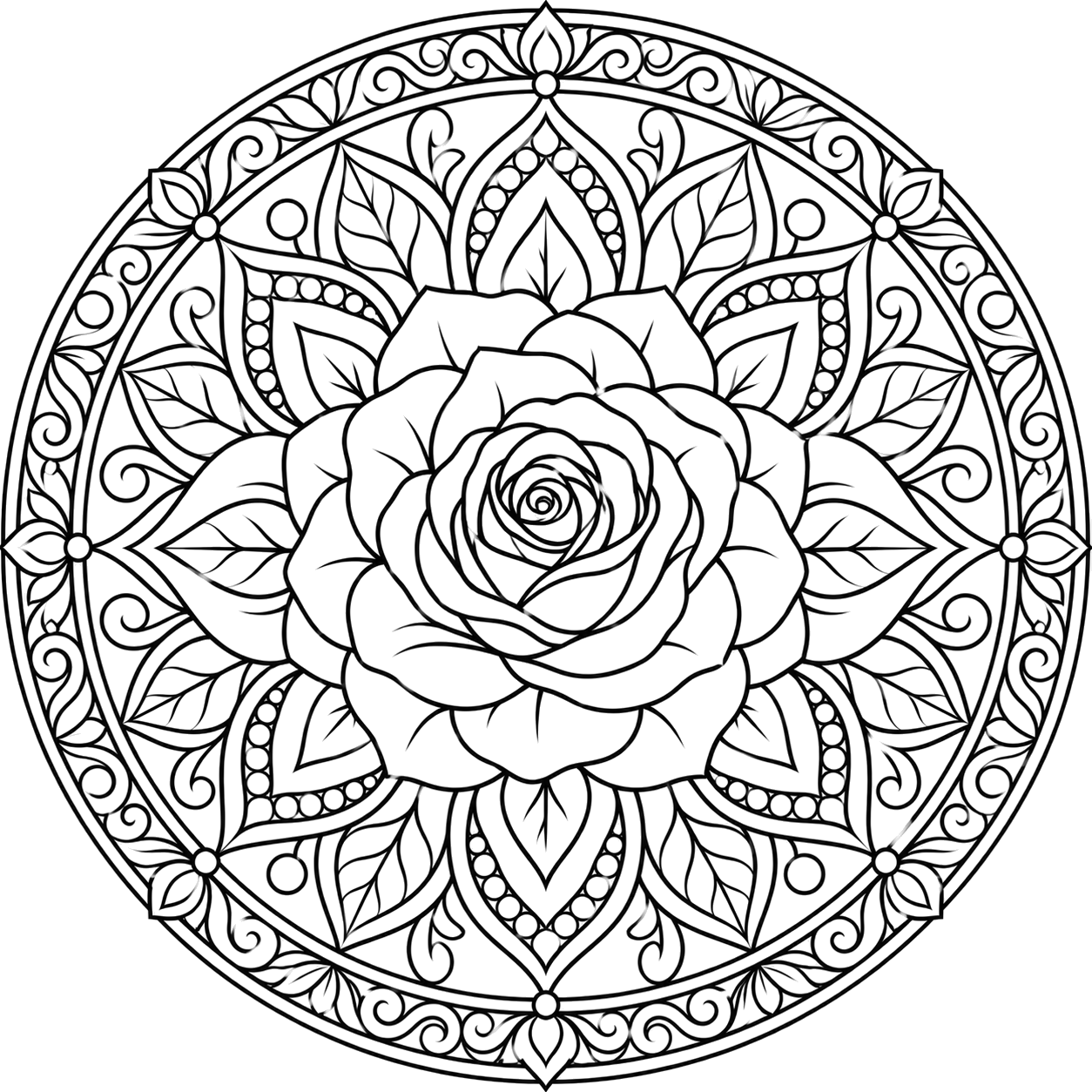 Intricate Rose Mandala coloring page with intricate patterns to print and color