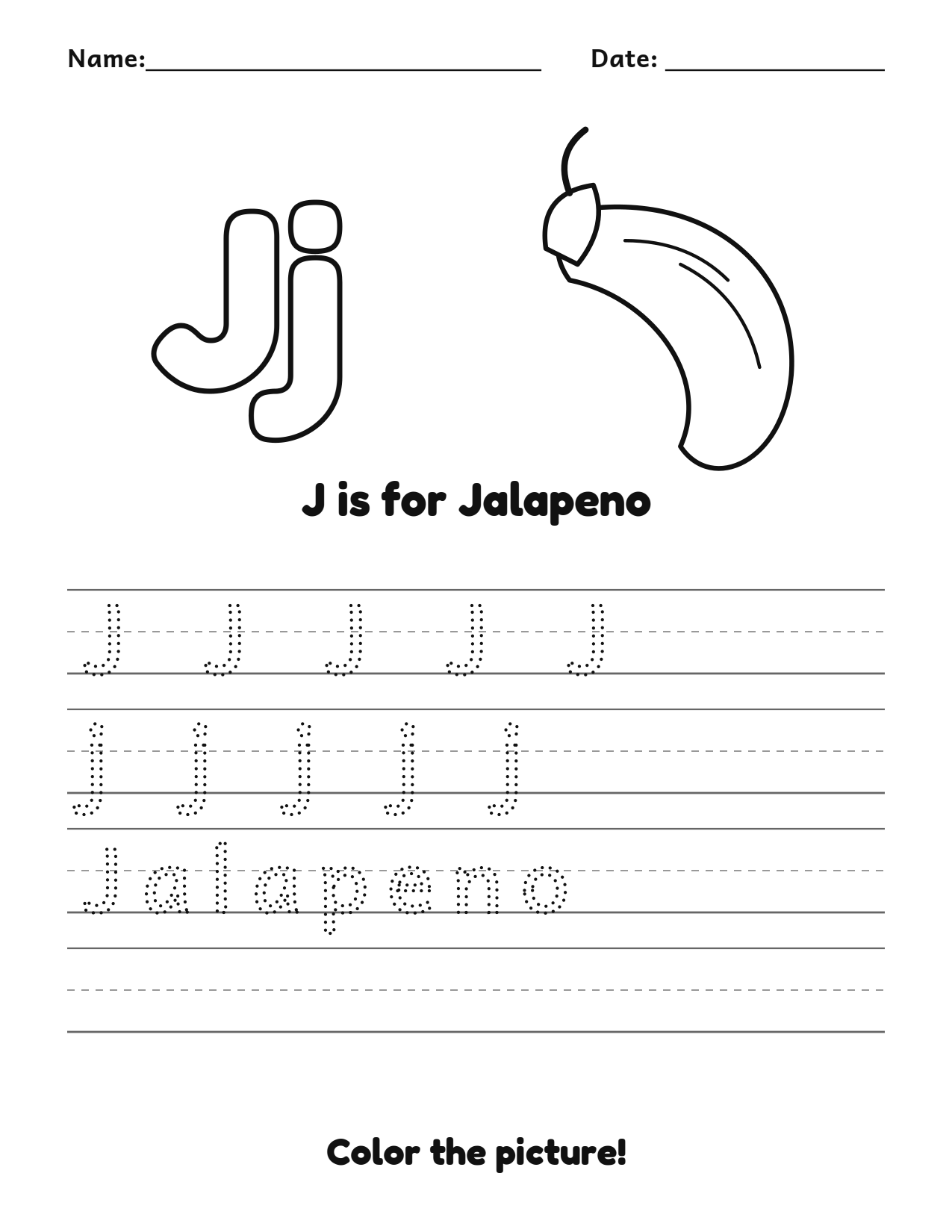 J is for Jalapeno fruit and vegetable tracing worksheet with a jalapeno picture and writing lines