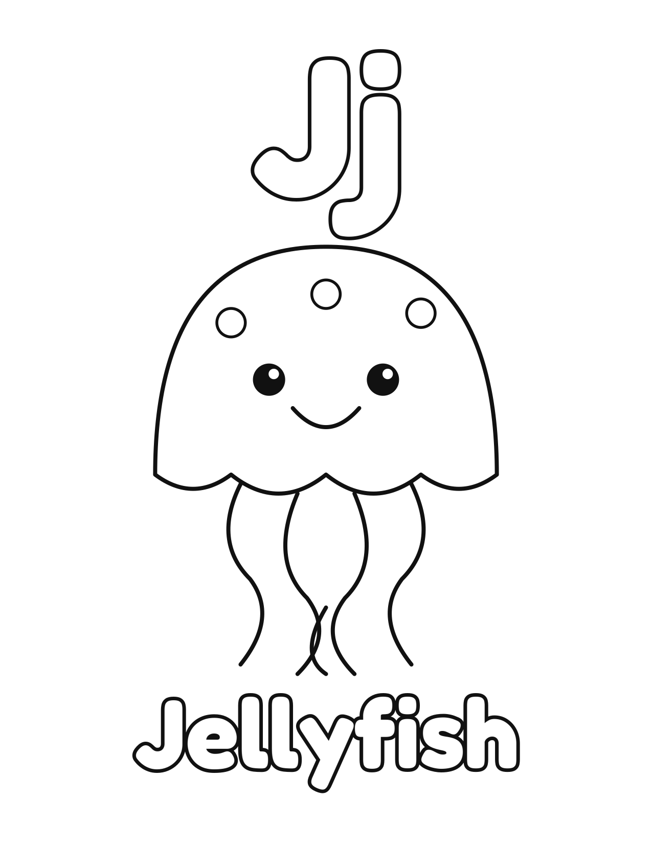 J is for Jellyfish animal alphabet coloring page with a cute jellyfish to color