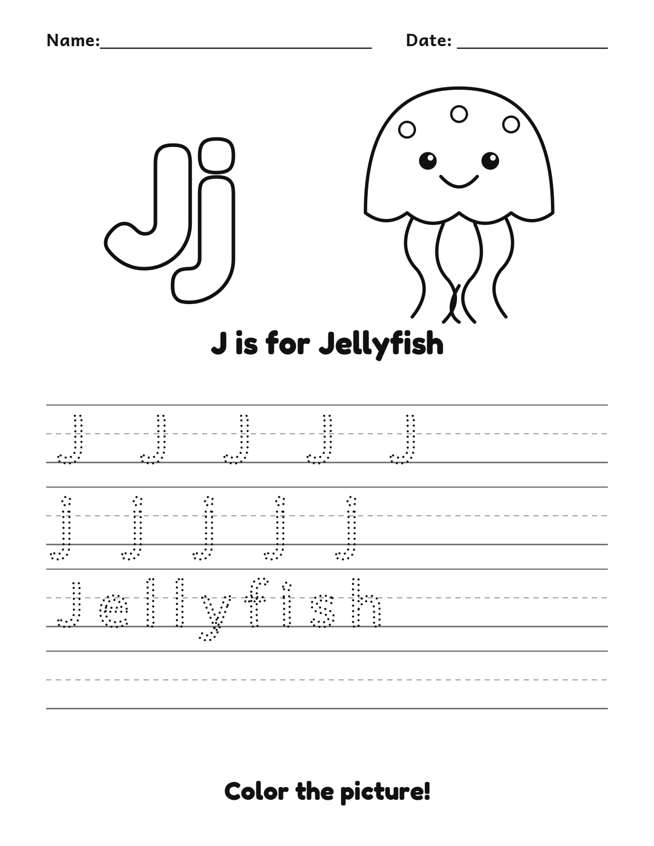 J is for Jellyfish animal alphabet tracing worksheet with a jellyfish picture and writing lines