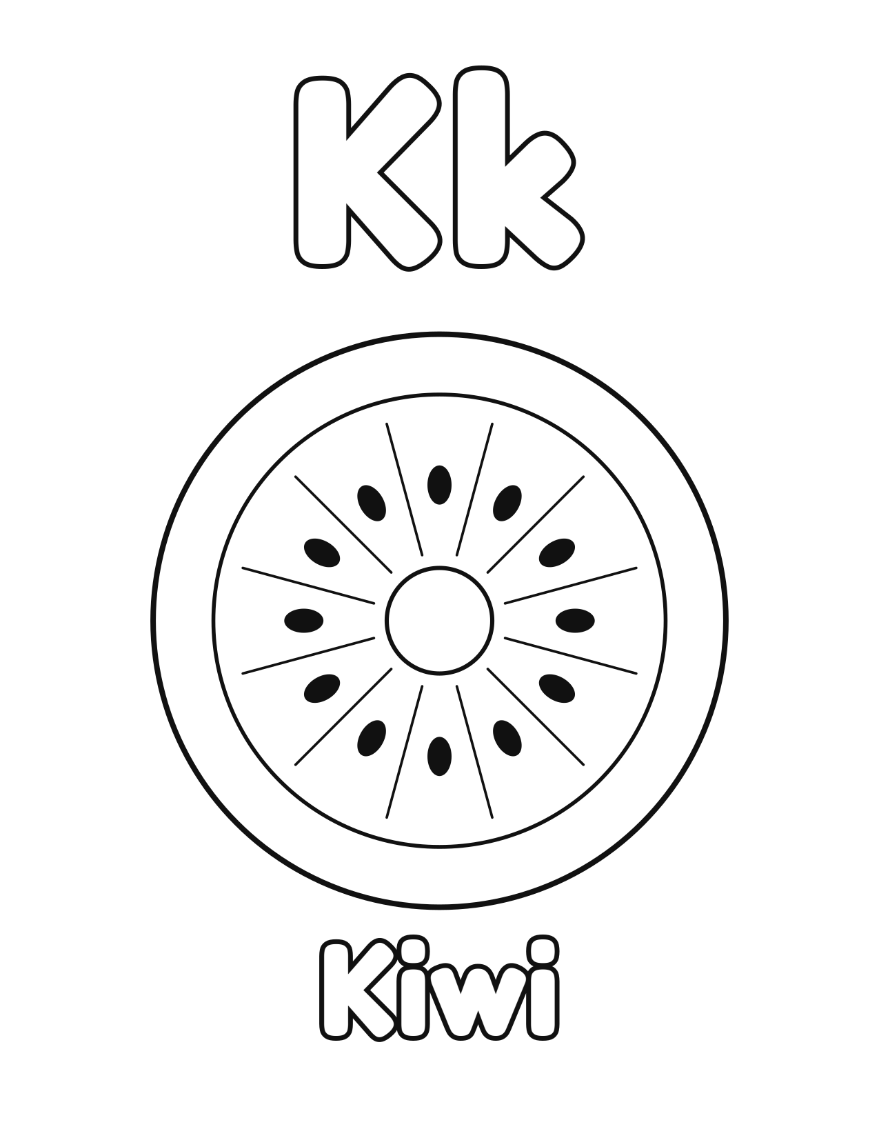 K is for Kiwi fruit and vegetable alphabet coloring page with kiwi to color