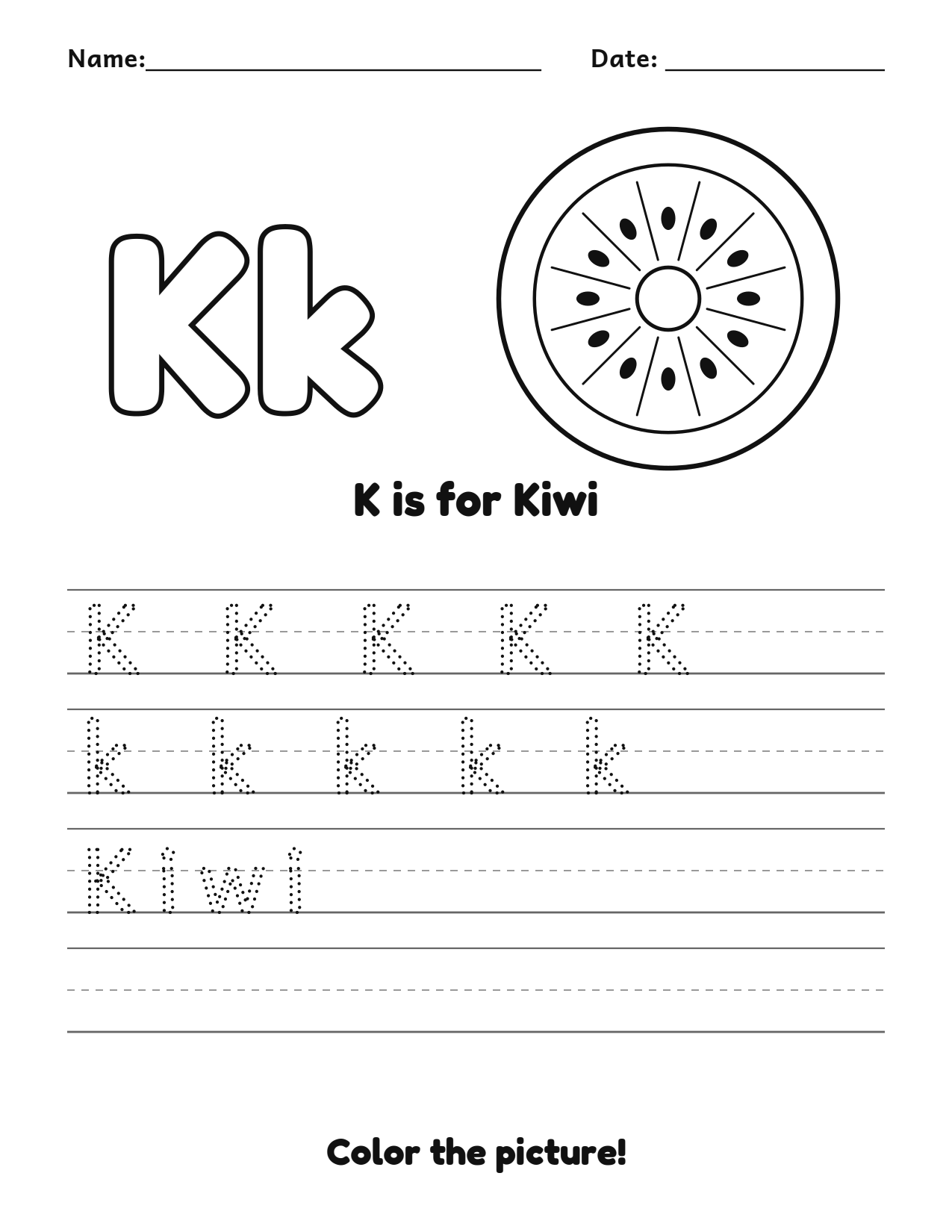 K is for Kiwi fruit and vegetable tracing worksheet with a kiwi picture and writing lines