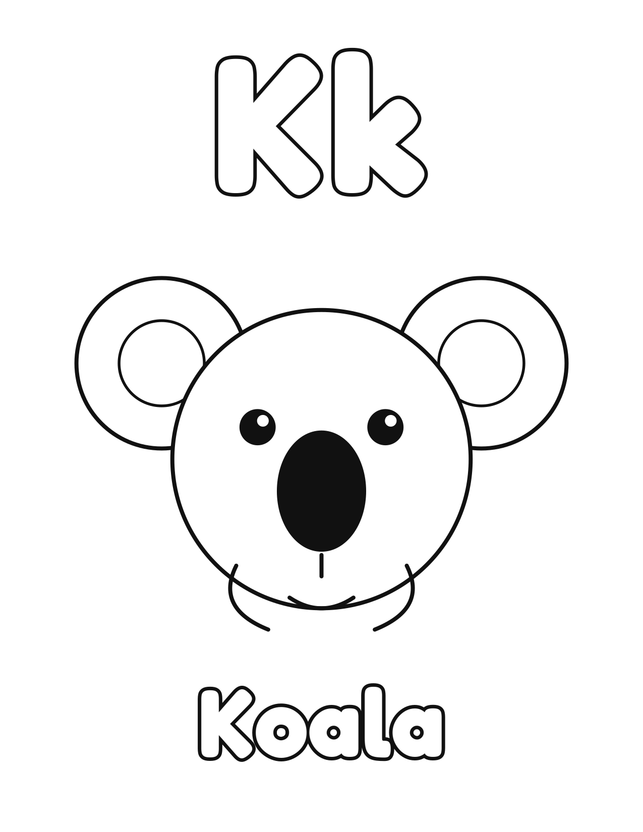 K is for Koala animal alphabet coloring page with a cute koala to color