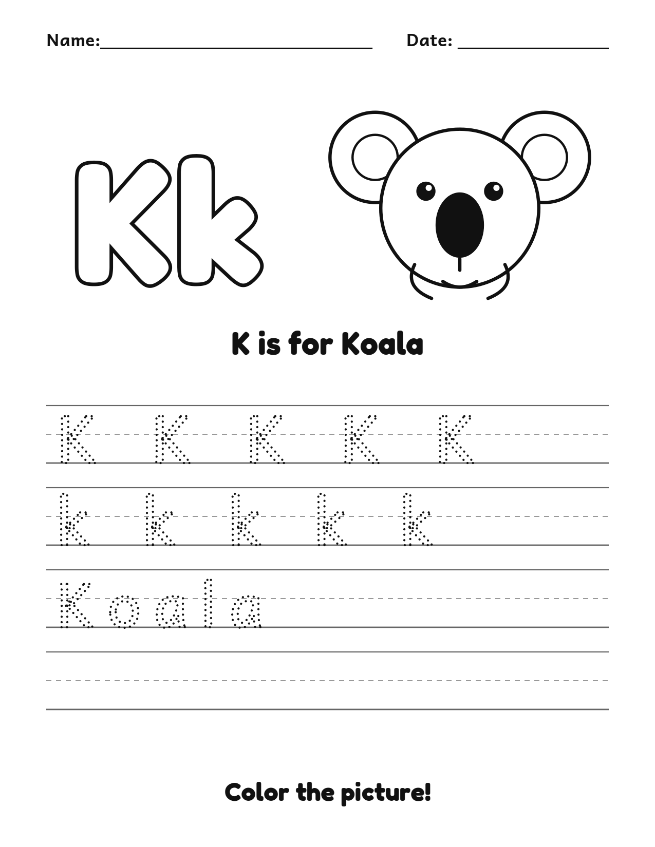 K is for Koala animal alphabet tracing worksheet with a koala picture and writing lines