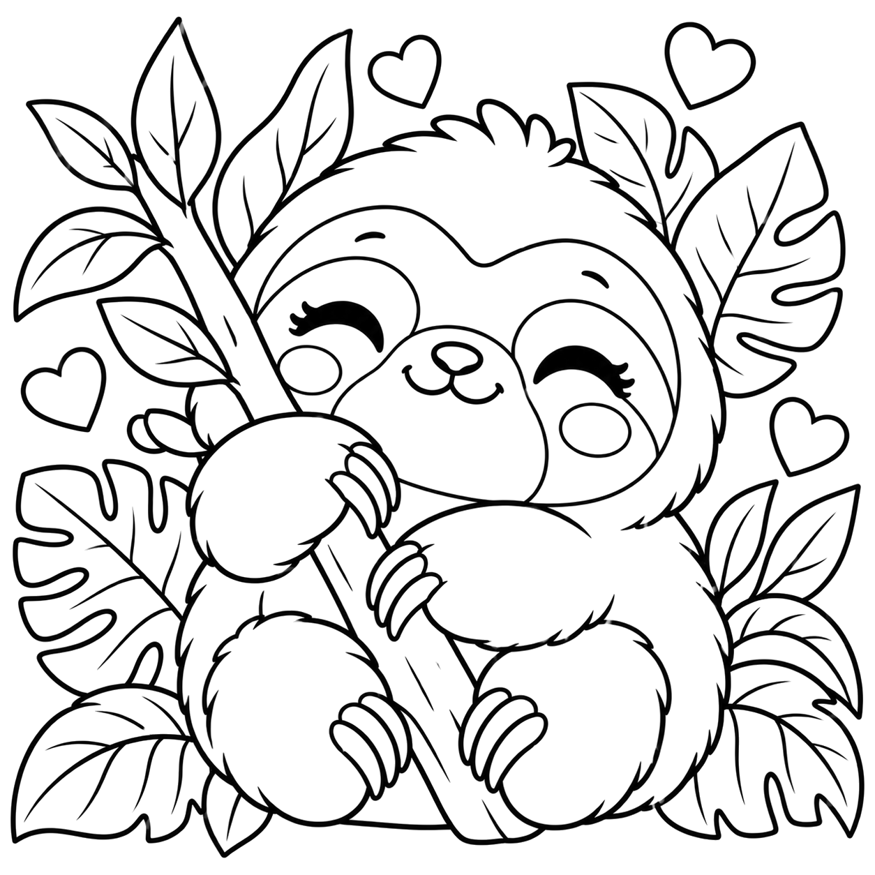 Adorable Sloth in Tropical Foliage: kawaii plush-style coloring page with big sparkly eyes to print and color
