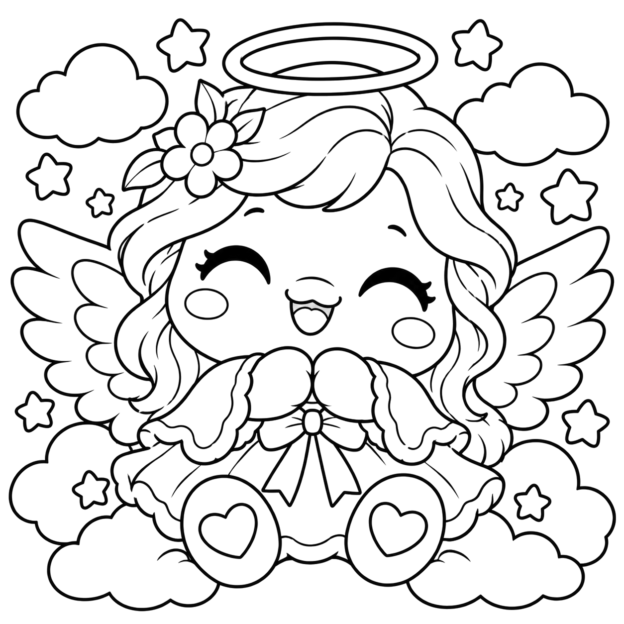 Angel Among Clouds and Stars: kawaii plush-style coloring page with big sparkly eyes to print and color