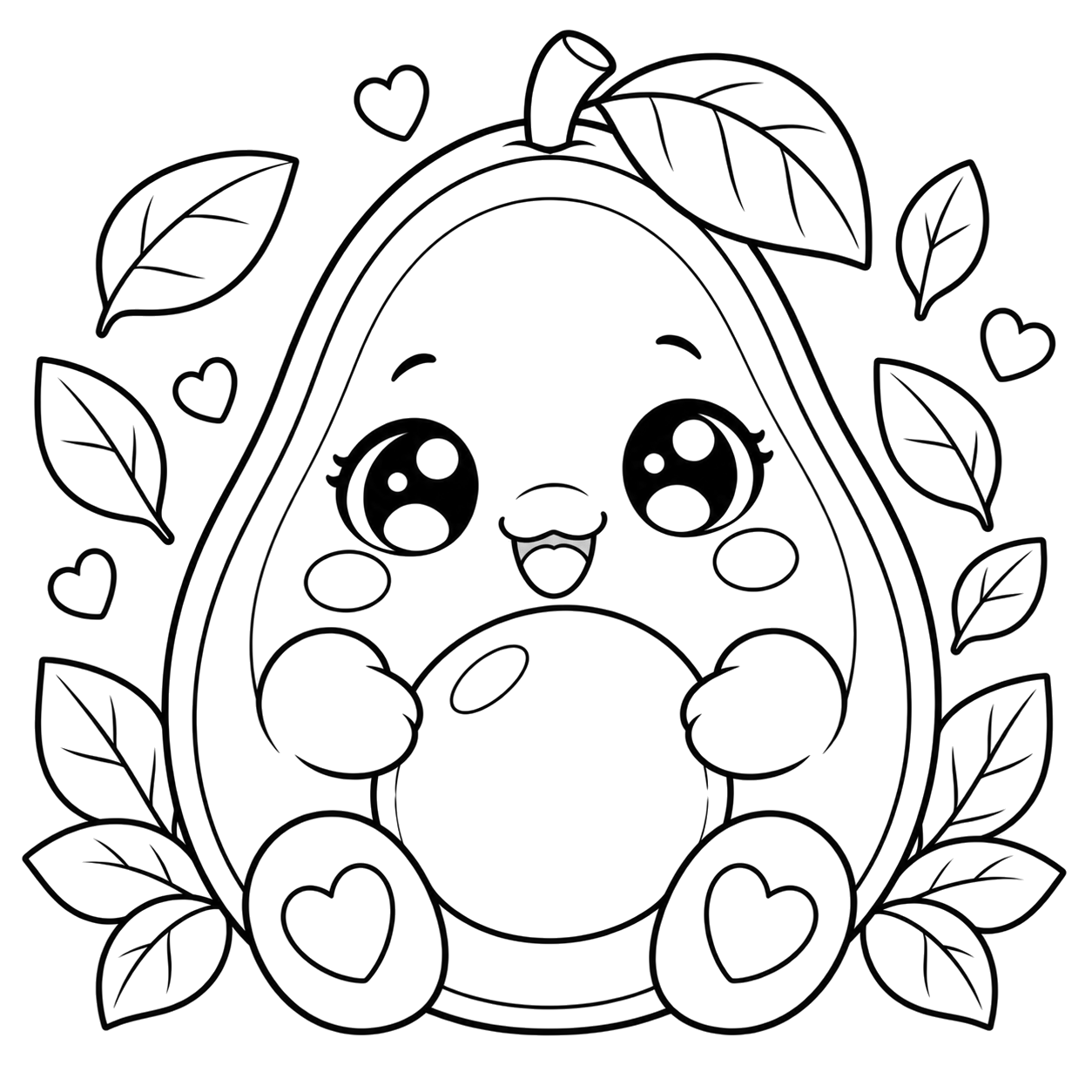 Avocado with Hearts and Leaves: kawaii plush-style coloring page with big sparkly eyes to print and color