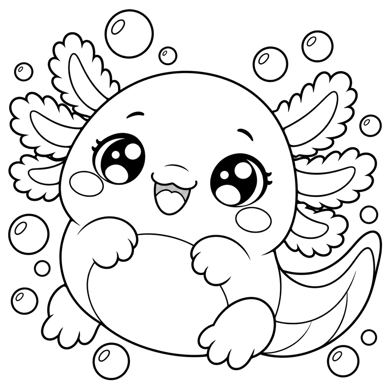 Axolotl Bubble Adventure: kawaii plush-style coloring page with big sparkly eyes to print and color