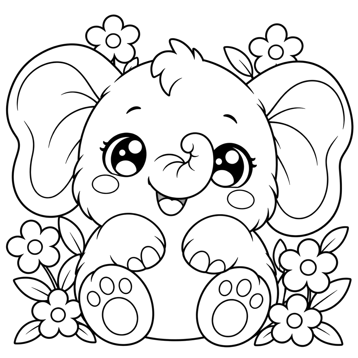 Baby Elephant in Bloom: kawaii plush-style coloring page with big sparkly eyes to print and color
