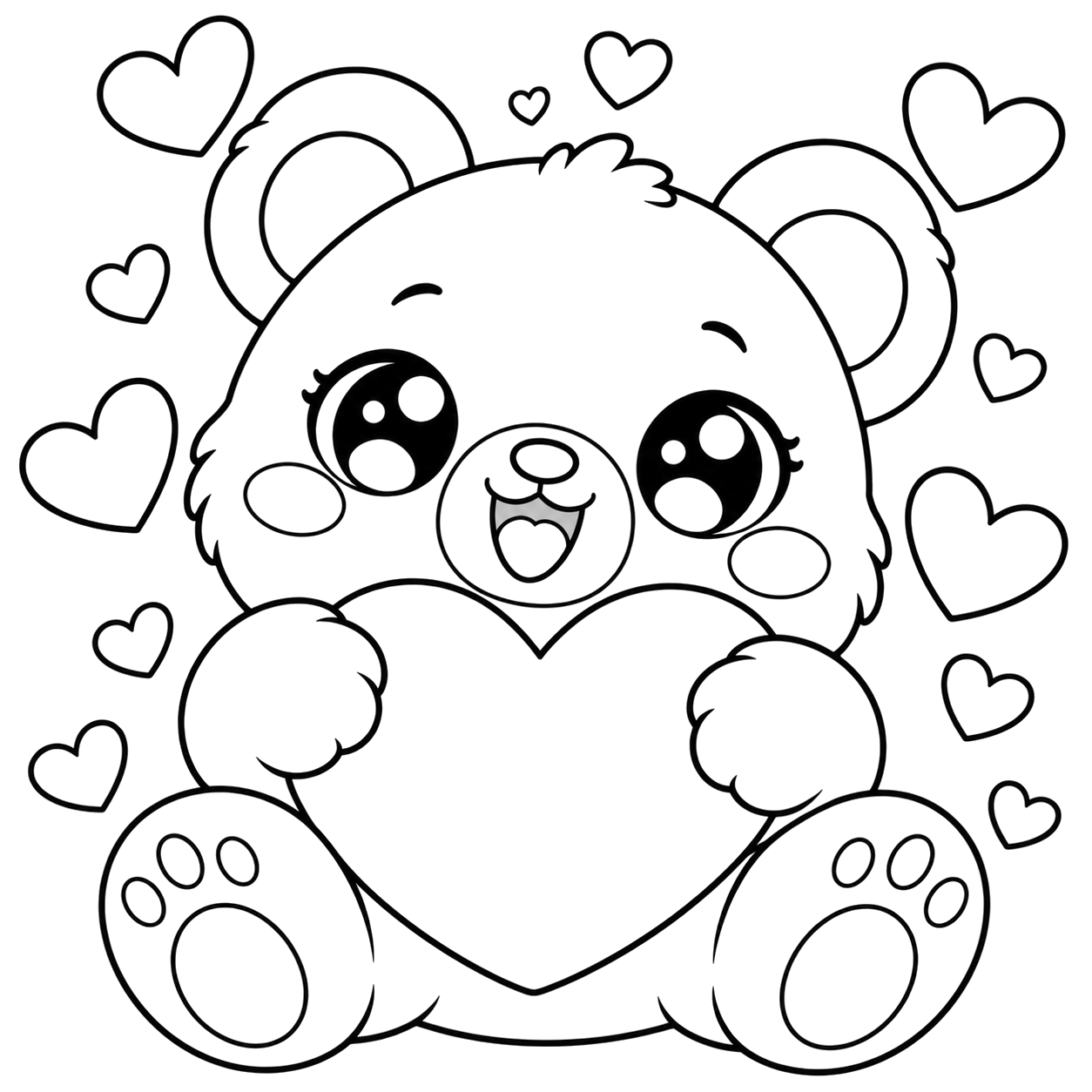 Bear with Heart and Hearts: kawaii plush-style coloring page with big sparkly eyes to print and color