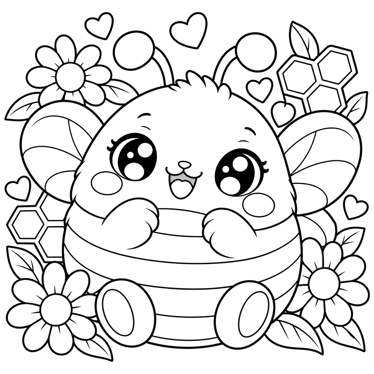 Bumblebee Garden: kawaii plush-style coloring page with big sparkly eyes to print and color