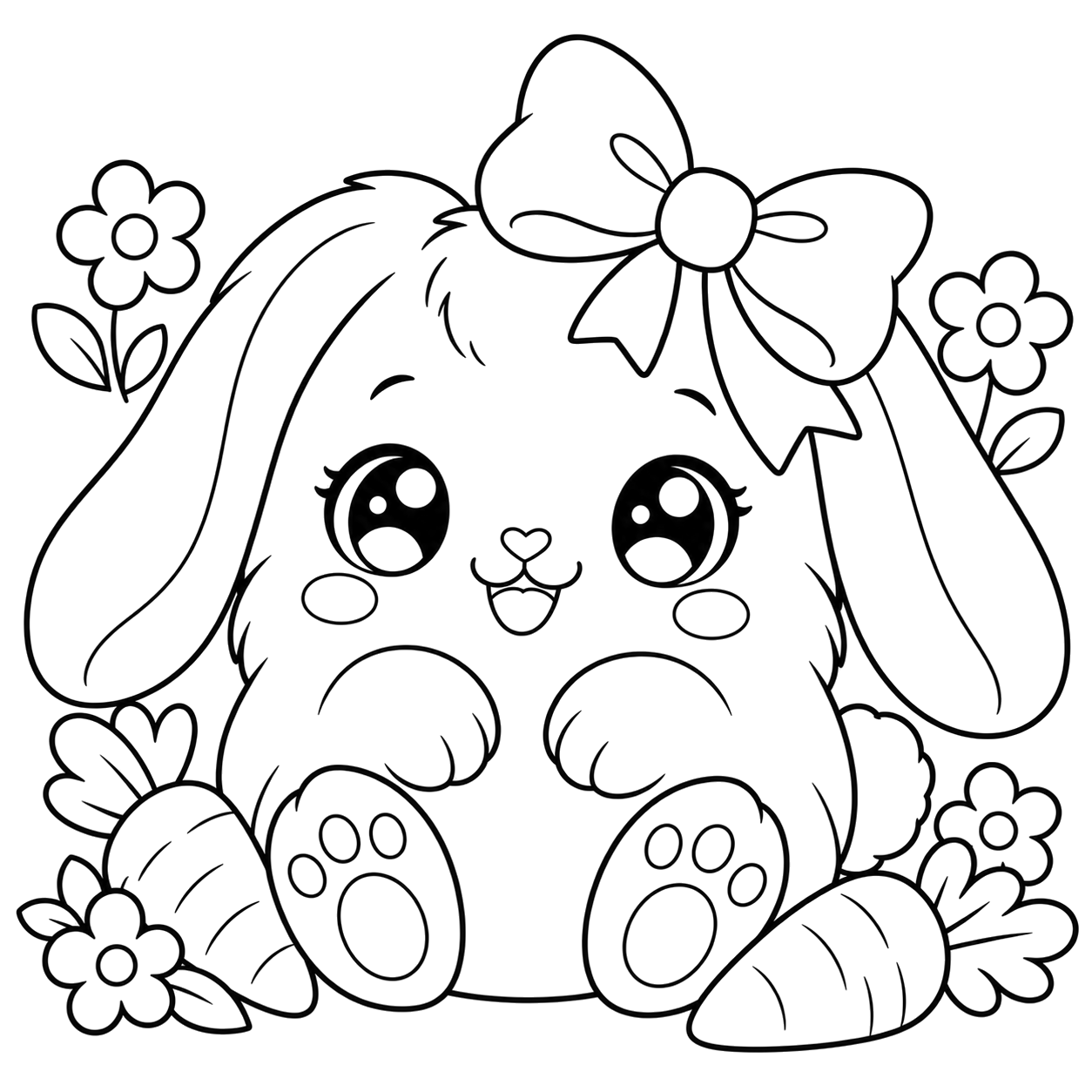 Bunny with Carrots and Flowers: kawaii plush-style coloring page with big sparkly eyes to print and color
