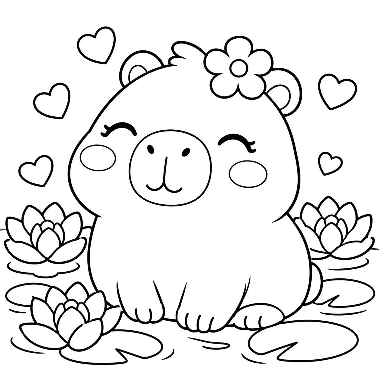 Capybara Lily Pond: kawaii plush-style coloring page with big sparkly eyes to print and color