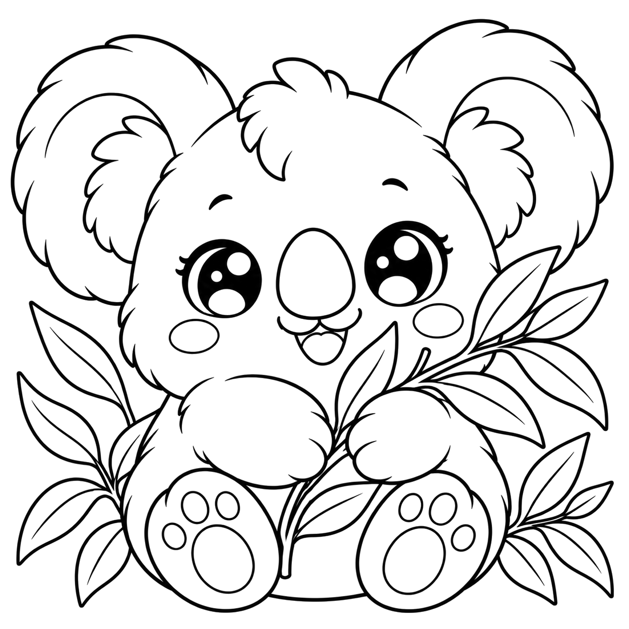 Cheerful Koala with Eucalyptus Branch: kawaii plush-style coloring page with big sparkly eyes to print and color