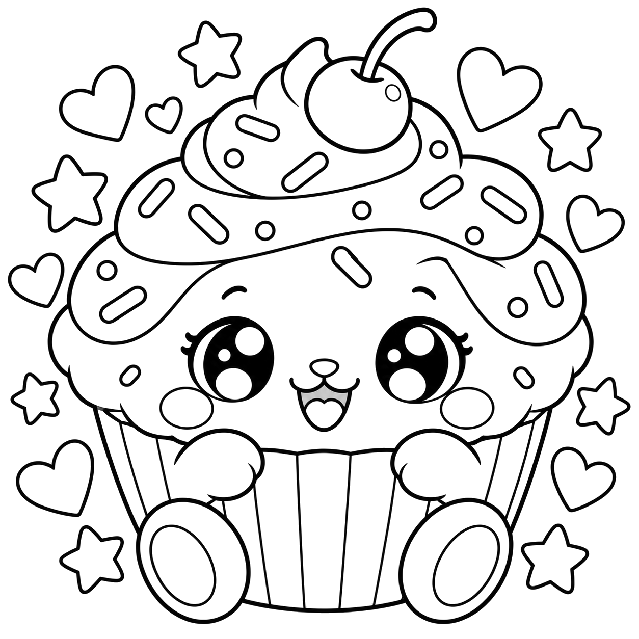 Cupcake with Hearts and Stars: kawaii plush-style coloring page with big sparkly eyes to print and color