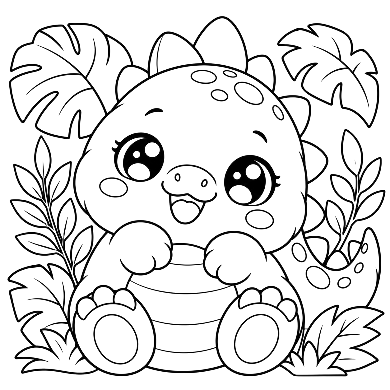 Cute Chibi Dinosaur Jungle: kawaii plush-style coloring page with big sparkly eyes to print and color