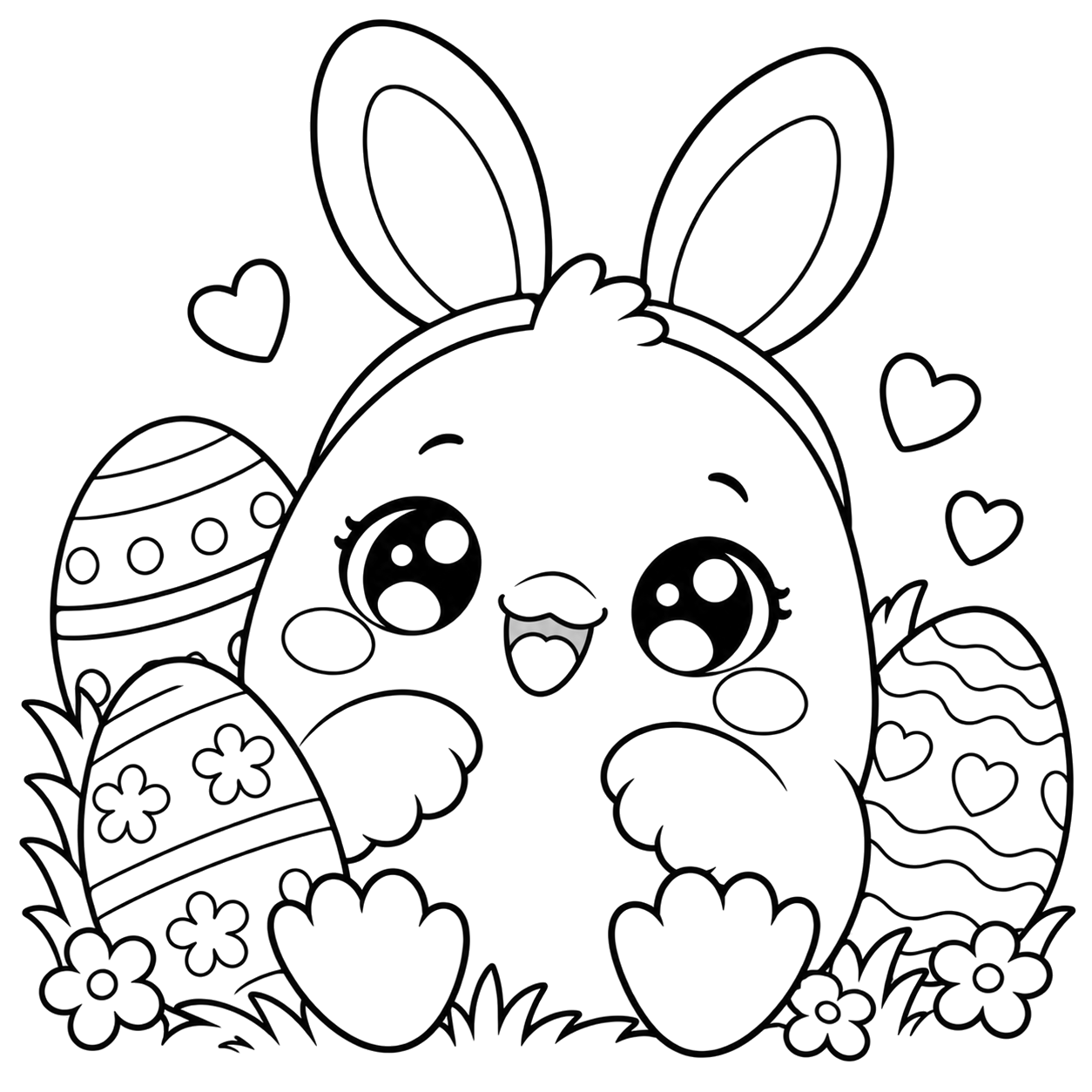Easter Chick with Bunny Ears: kawaii plush-style coloring page with big sparkly eyes to print and color
