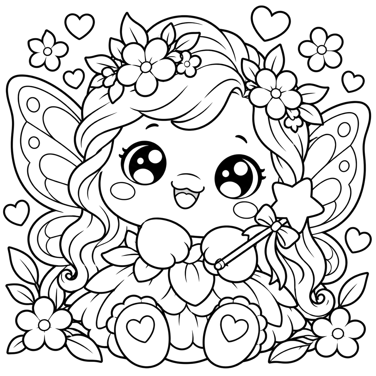 Fairy Princess: kawaii plush-style coloring page with big sparkly eyes to print and color