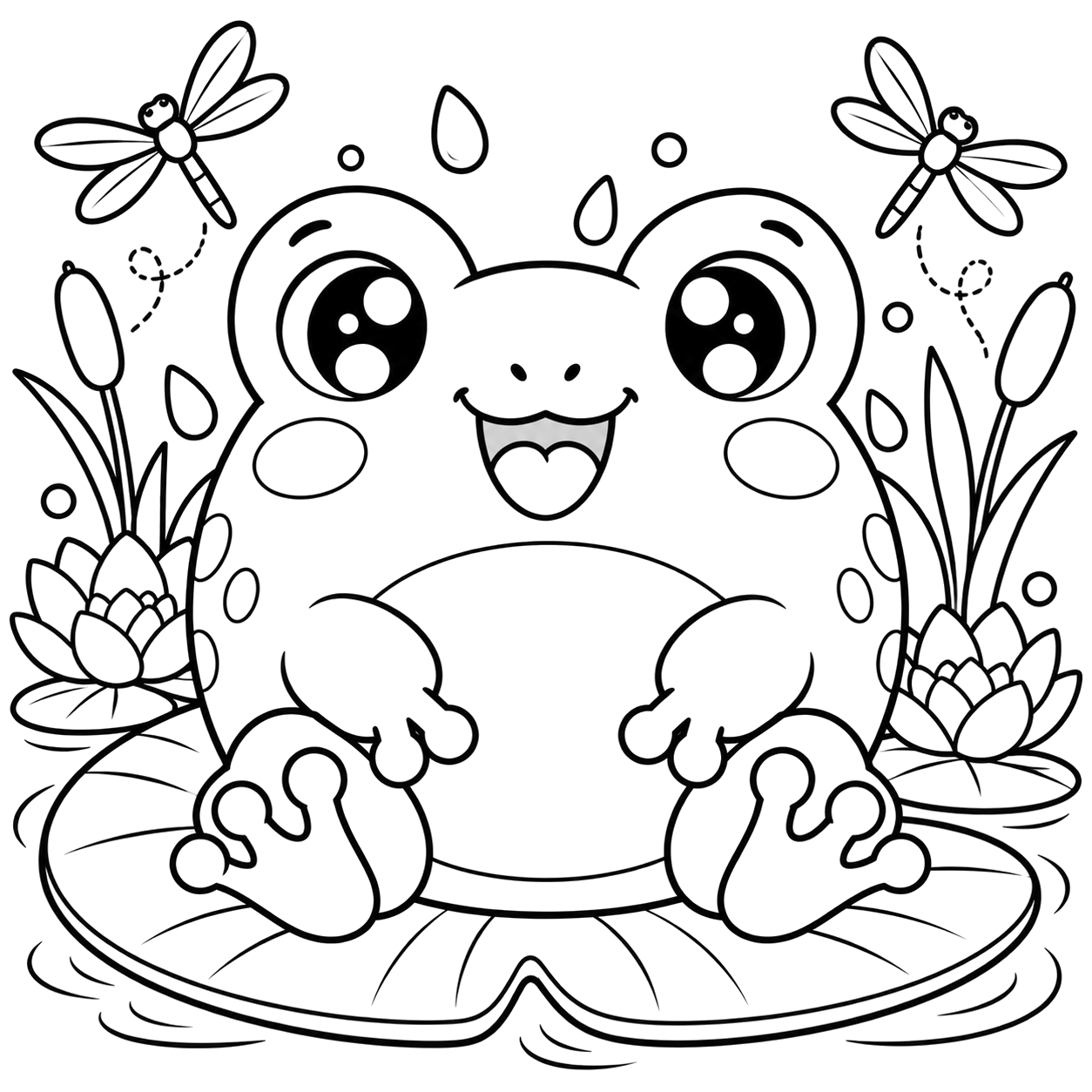 Frog Pond: kawaii plush-style coloring page with big sparkly eyes to print and color