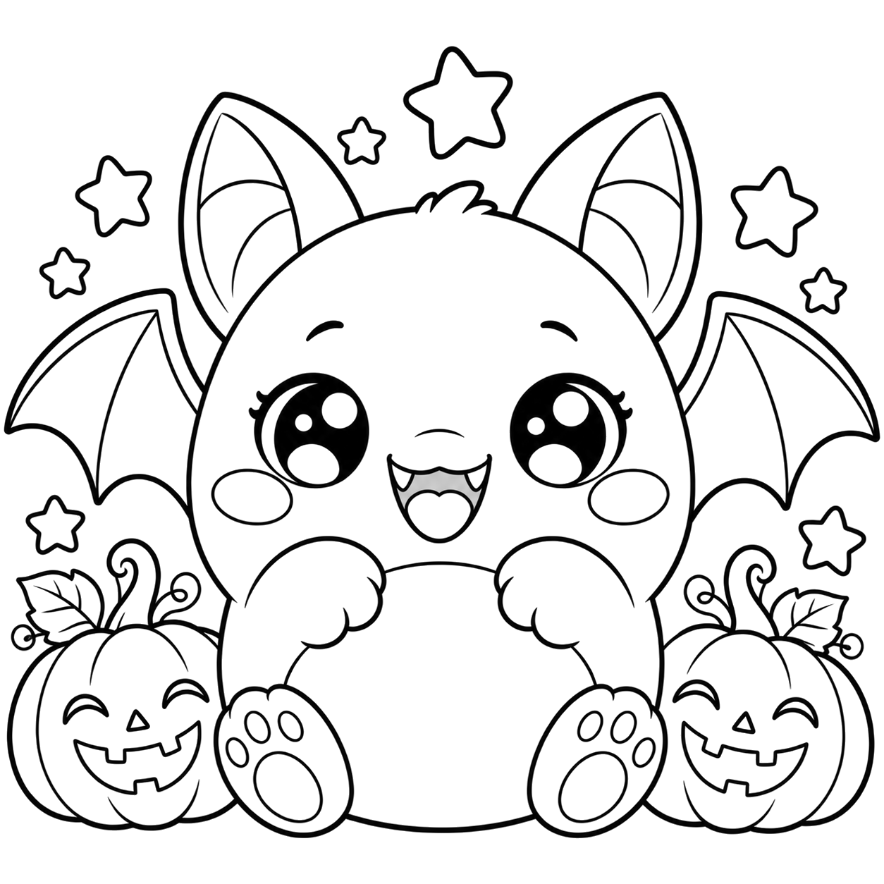 Halloween Bat and Pumpkins: kawaii plush-style coloring page with big sparkly eyes to print and color