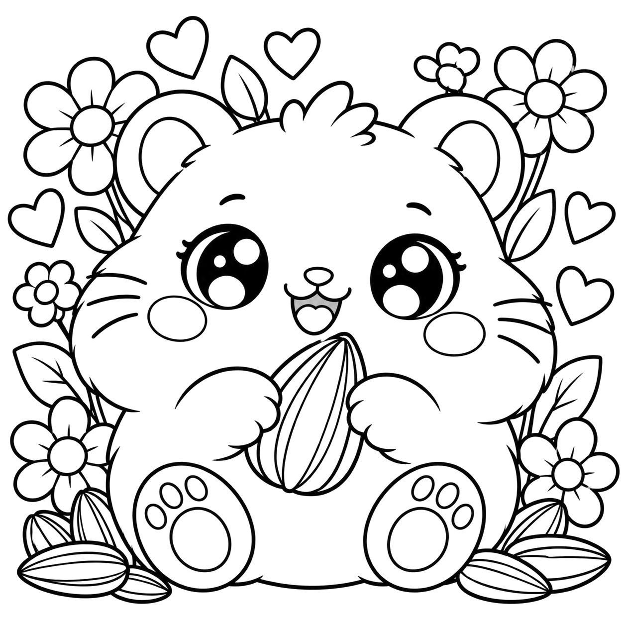 Hamster with Flowers and Seeds: kawaii plush-style coloring page with big sparkly eyes to print and color