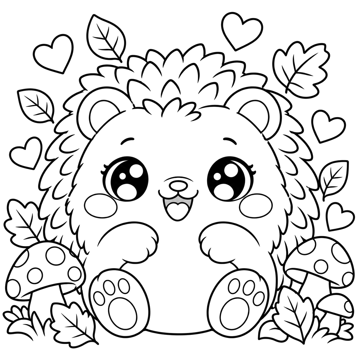 Hedgehog Nature: kawaii plush-style coloring page with big sparkly eyes to print and color