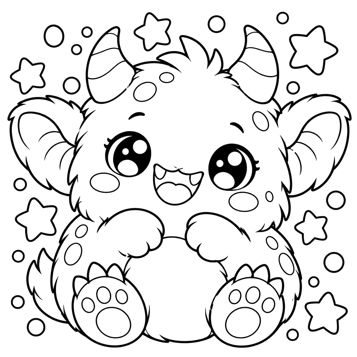 Horned Monster: kawaii plush-style coloring page with big sparkly eyes to print and color
