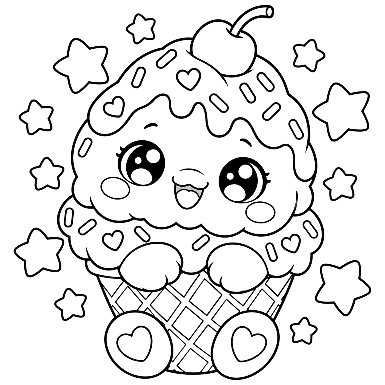 Ice Cream Cone with Stars: kawaii plush-style coloring page with big sparkly eyes to print and color