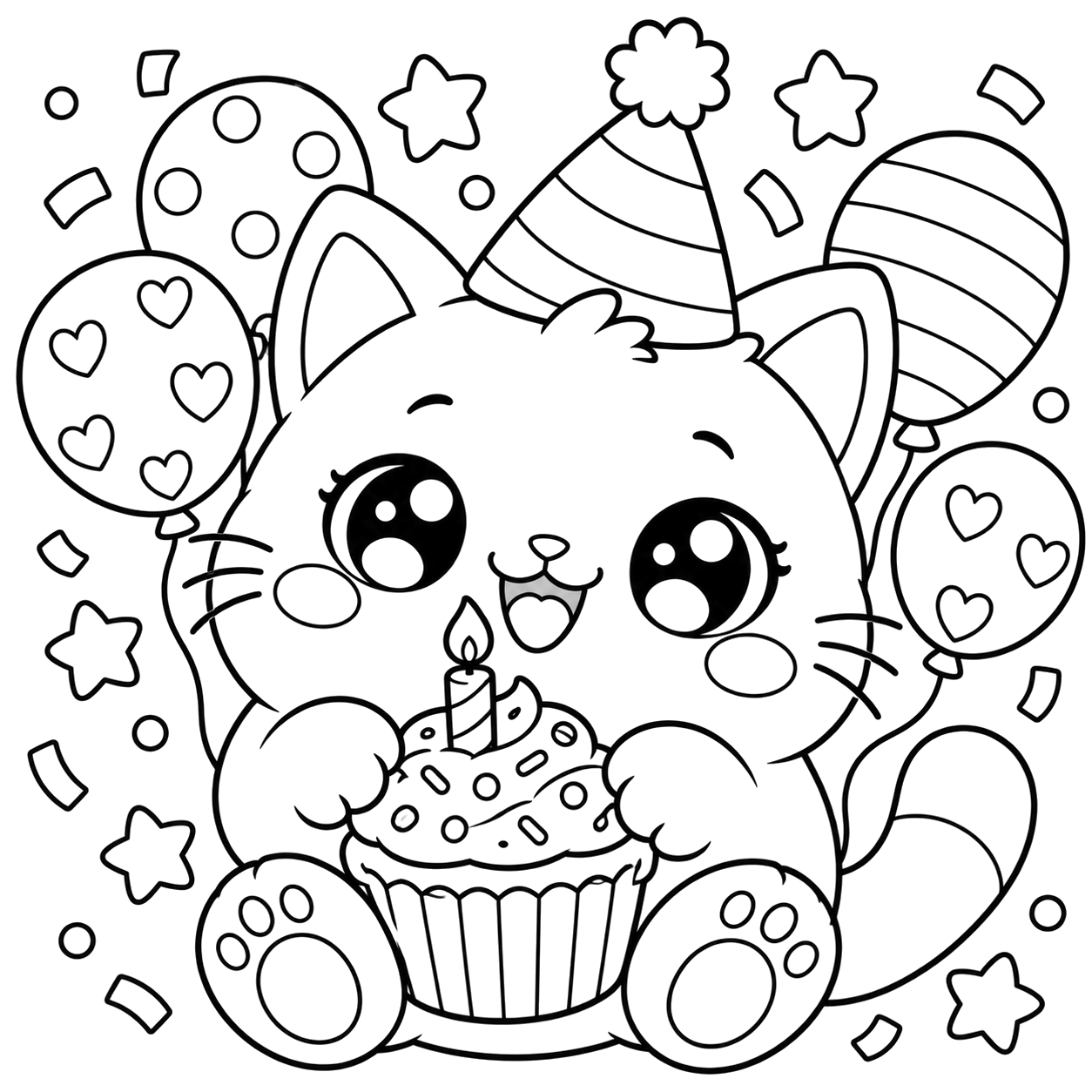 Kitten Birthday Celebration: kawaii plush-style coloring page with big sparkly eyes to print and color