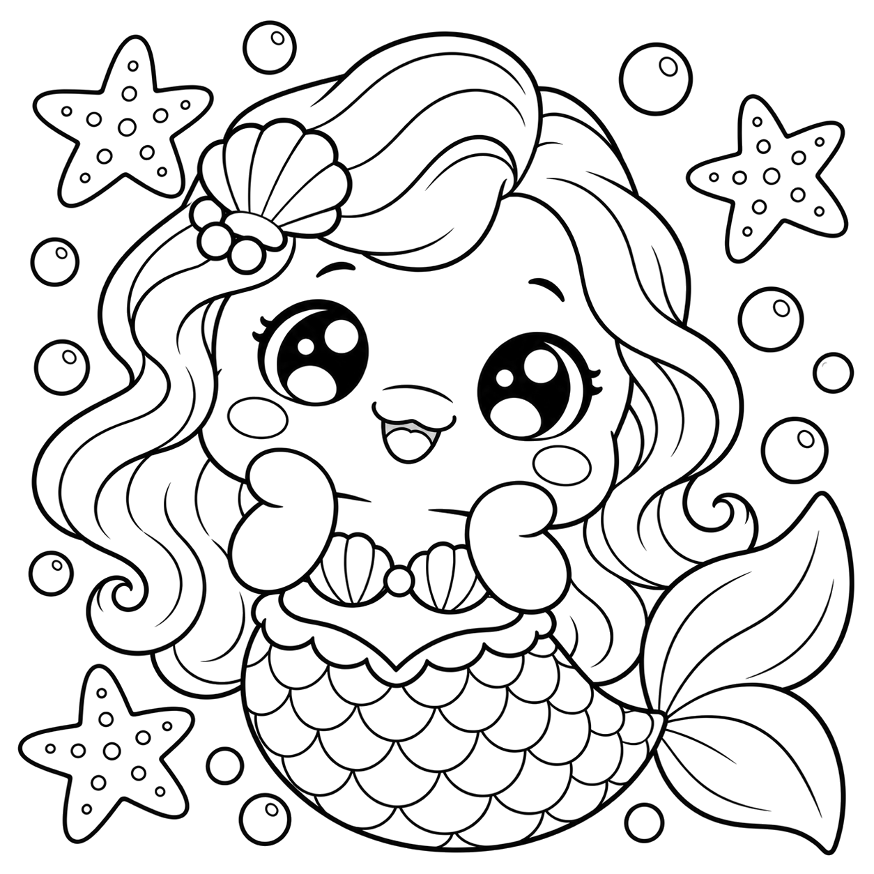 Mermaid Underwater Adventure: kawaii plush-style coloring page with big sparkly eyes to print and color