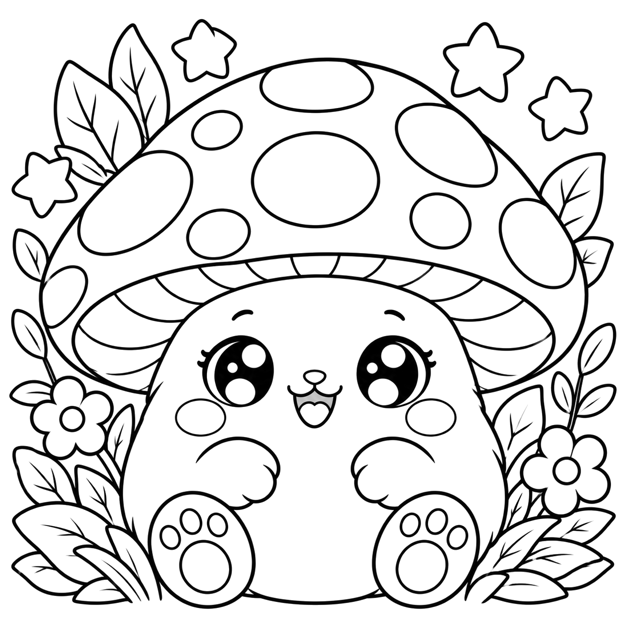 Mushroom Garden: kawaii plush-style coloring page with big sparkly eyes to print and color